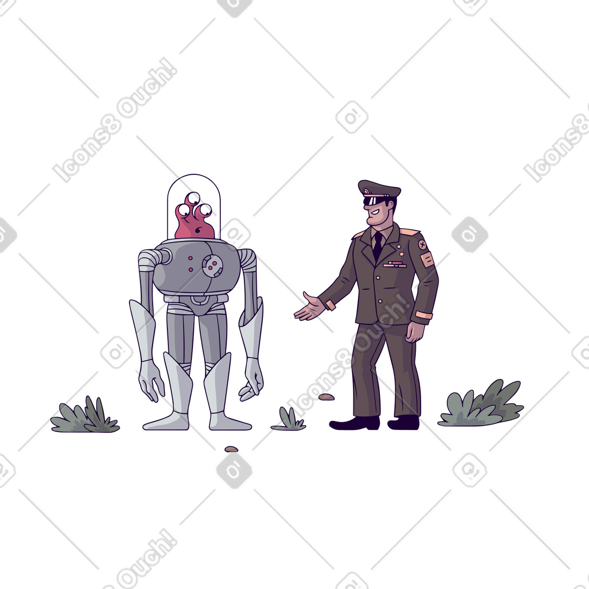 Military officer greeting unresponsive robot, No connection concept illustrazione in stile Eastwood scarica in PNG, SVG