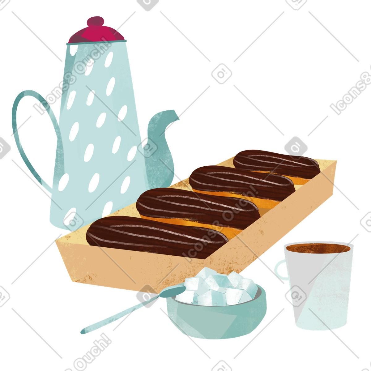 Frühstück mit tee und eclairs-Illustration im Fabulous-Stil als Download in PNG, SVG