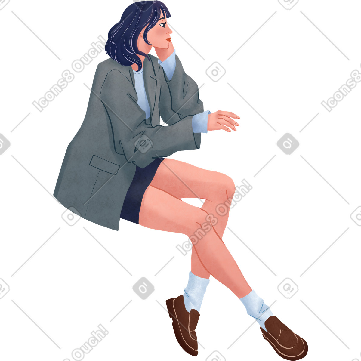 Ilustração de Mulher sentada jaqueta cinza e saia preta em no estilo Lifestyle para baixar em PNG, SVG