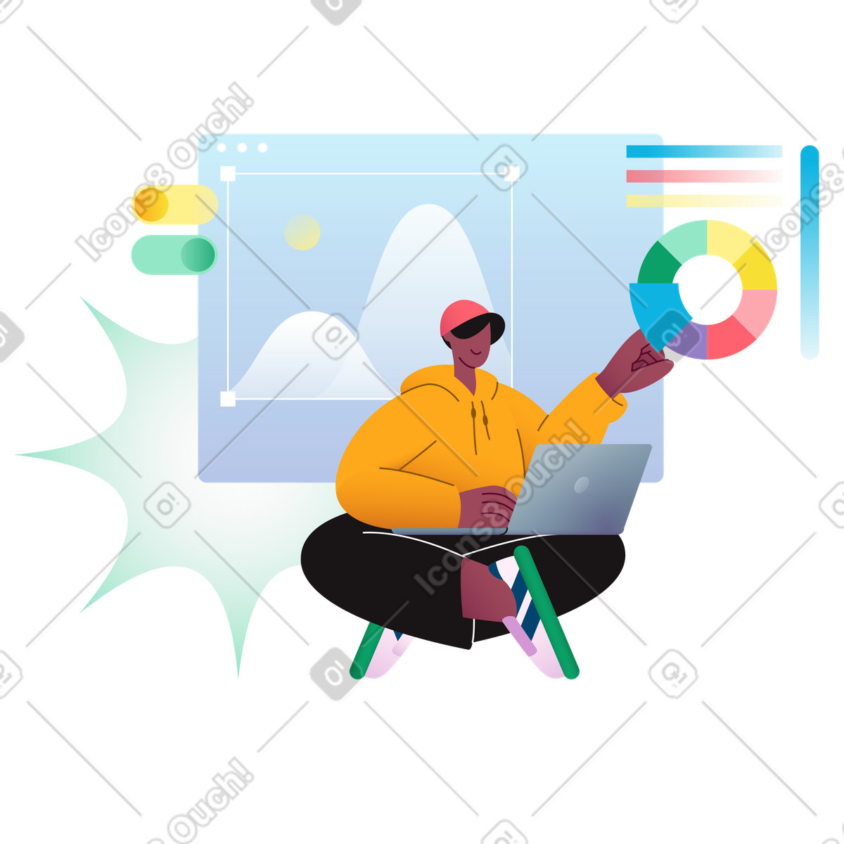 Mann im orangefarbenen kapuzenpullover arbeitet an website-design-Illustration Colors-Stil als Download in PNG, SVG