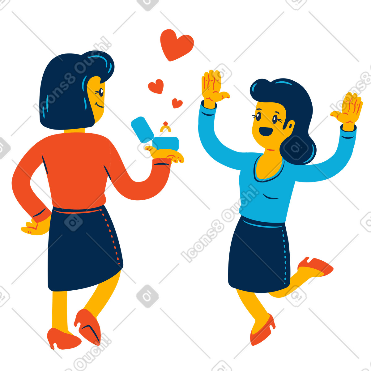 Ilustração de Happy couple celebrating marriage proposal, LGBTQ+ love and commitment em no estilo Flame para baixar em PNG, SVG