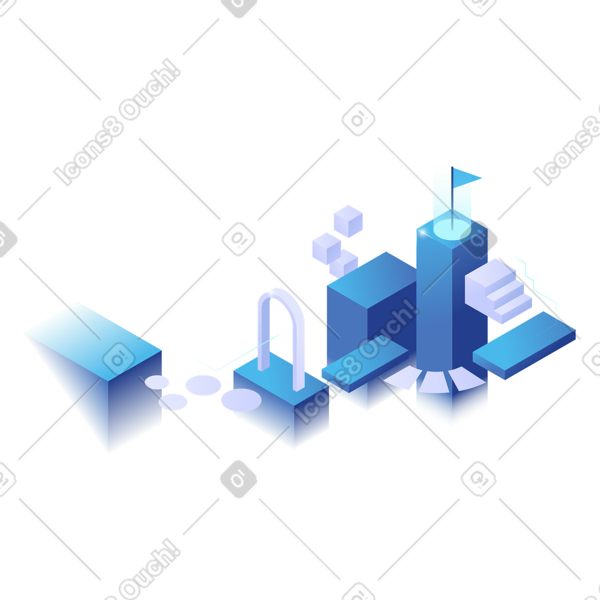 Illustration Parcours menant à l'installation du drapeau sur la tour, définition des objectifs commerciaux et feuille de route stratégique, flux travail projet motivation dans le style Quantum télécharger aux formats PNG, SVG