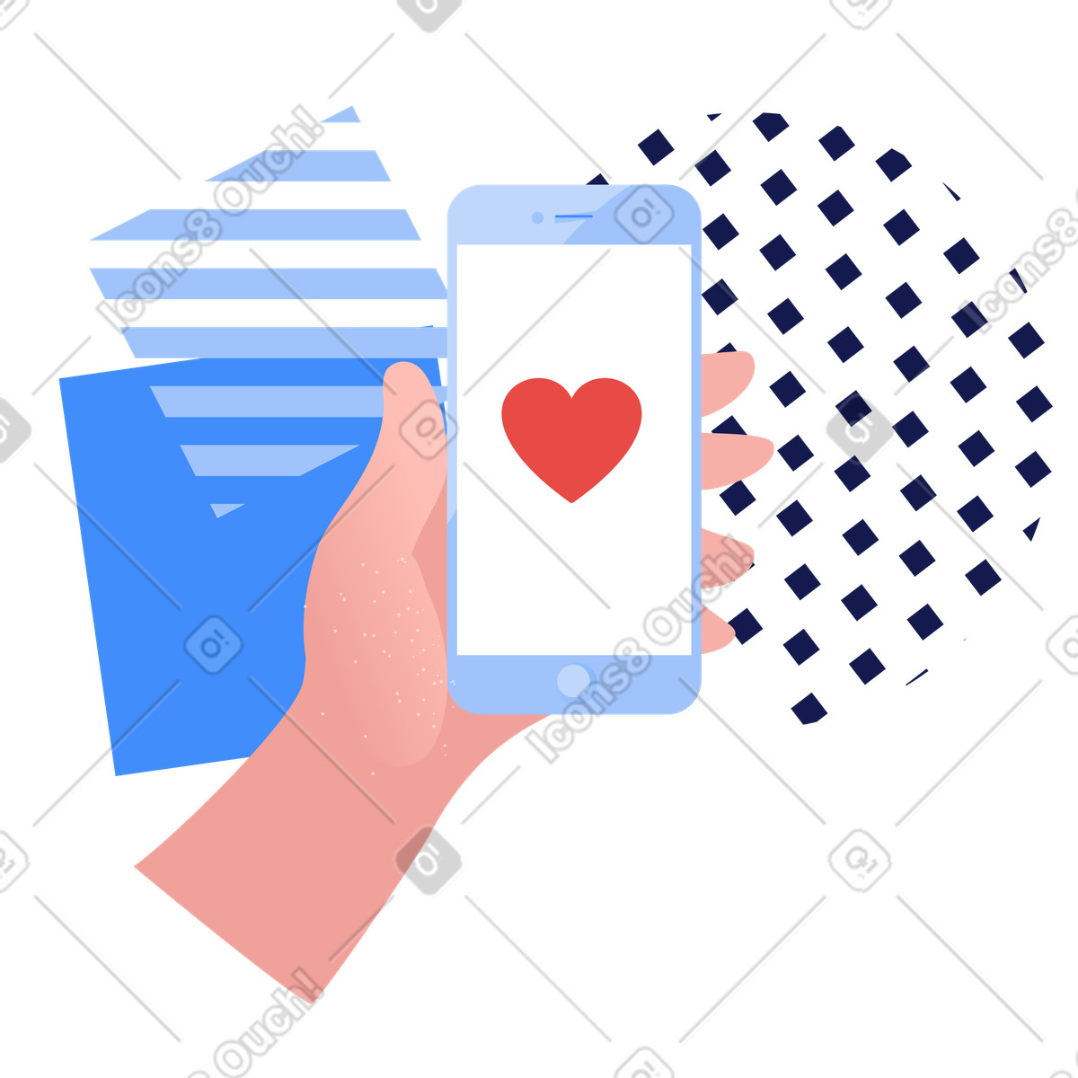 Ilustración Mano y teléfono enviando mensaje de amor. en estilo Clip a descargar en PNG SVG