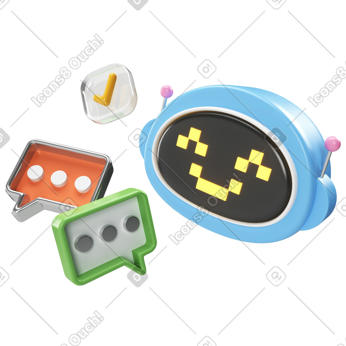 Friendly digital bot and messages, AI powered customer support illustration in 3D Corporate style download in PNG, SVG