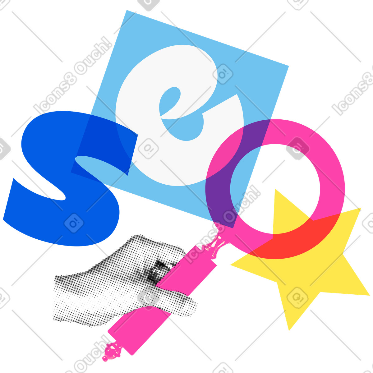 Lettering SEO with magnifier and star text illustration in PNG, SVG