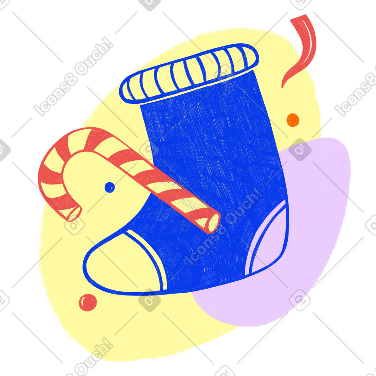 Blauer weihnachtsstrumpf und feiertagsbonbons-Illustration im Biro-Stil als Download in PNG, SVG