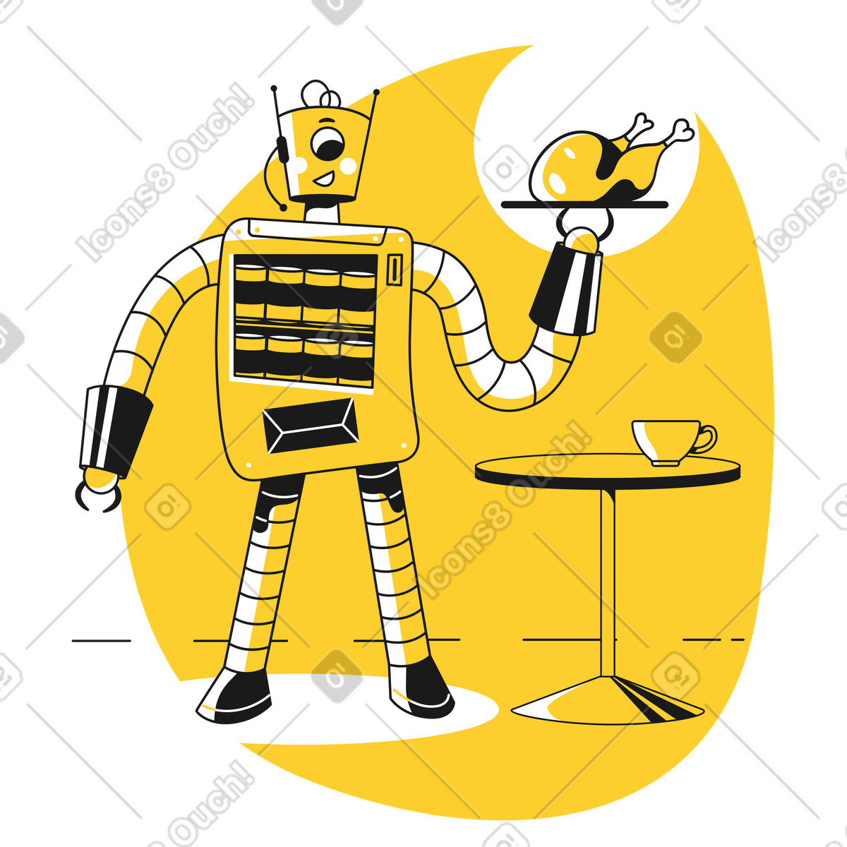 Illustration Serveur robot apportant un repas à table dans le style Taxi télécharger aux formats PNG, SVG