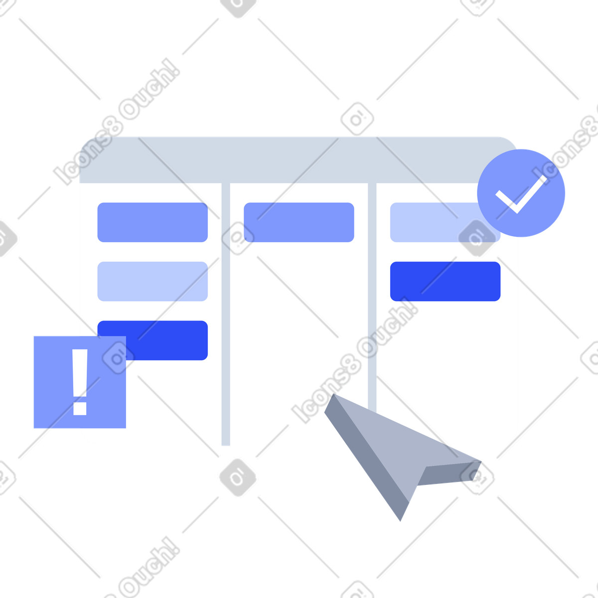 Illustration Fiches de tâches sur tableau kanban, productivité et collaboration d'équipe, planification organisation des dans le style System à télécharger aux formats PNG, SVG