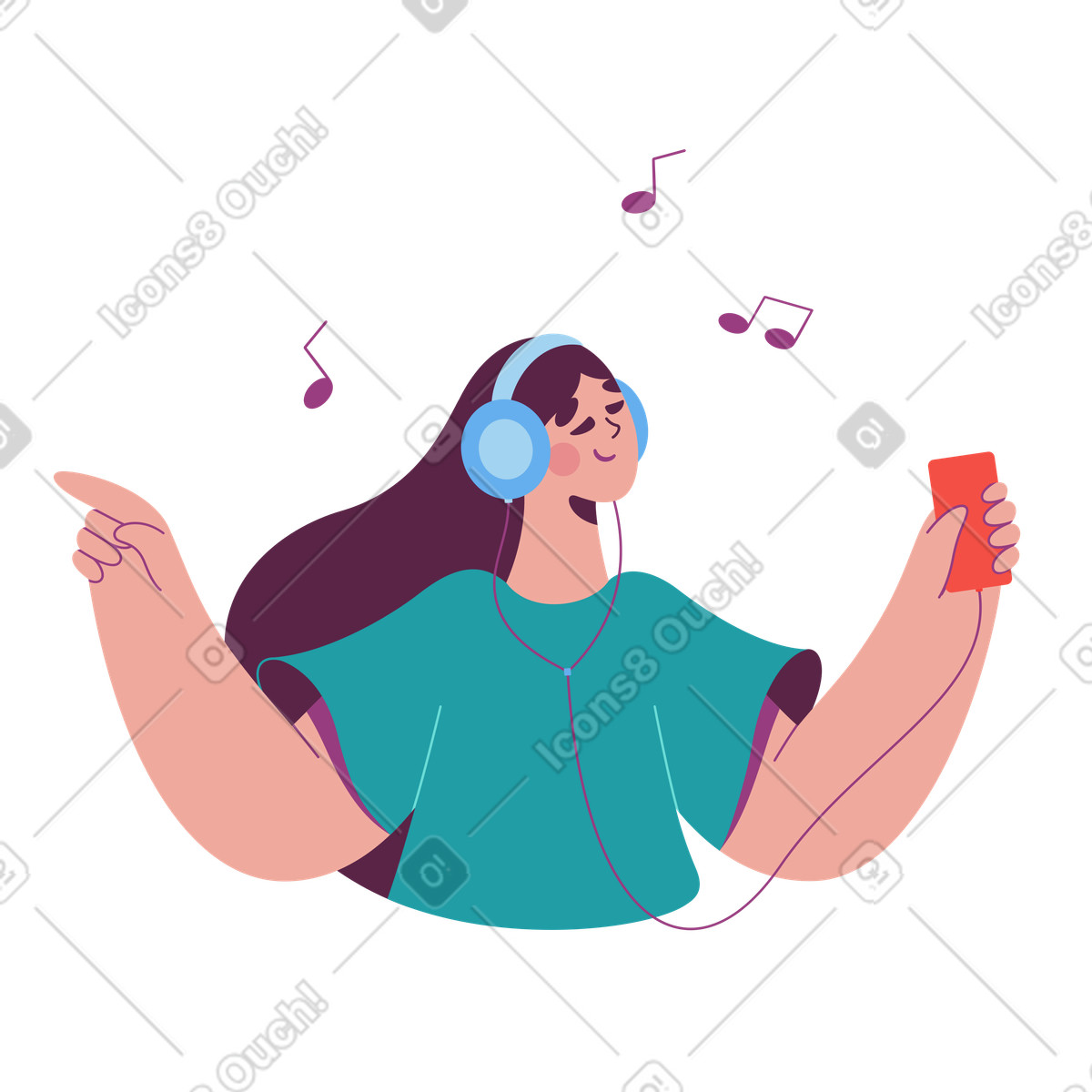 Girl listening to music illustrazione in stile Sammy scarica in PNG, SVG