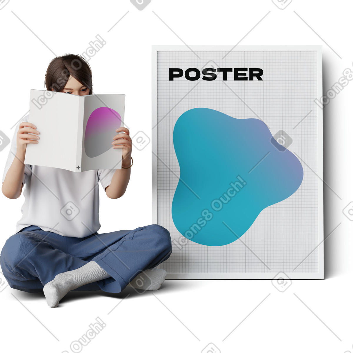 Illustration Young woman sitting near the poster and reading book dans le style 3D Hygge à télécharger aux formats PNG, SVG