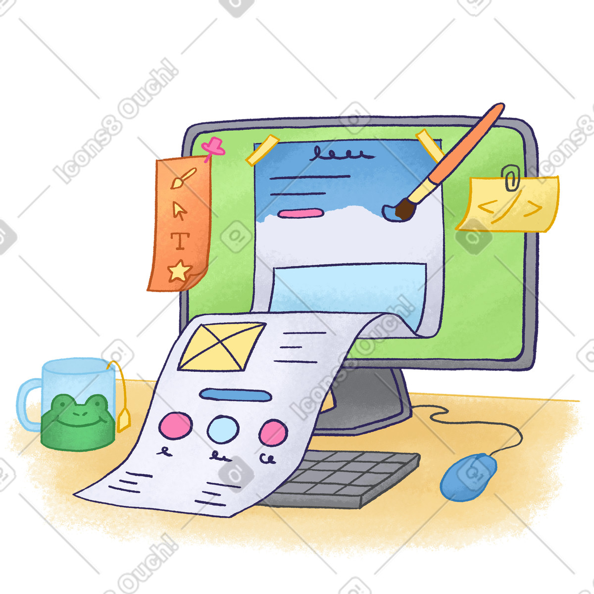 Creative workspace with computer and web design notes illustration in Hue style download in PNG, SVG