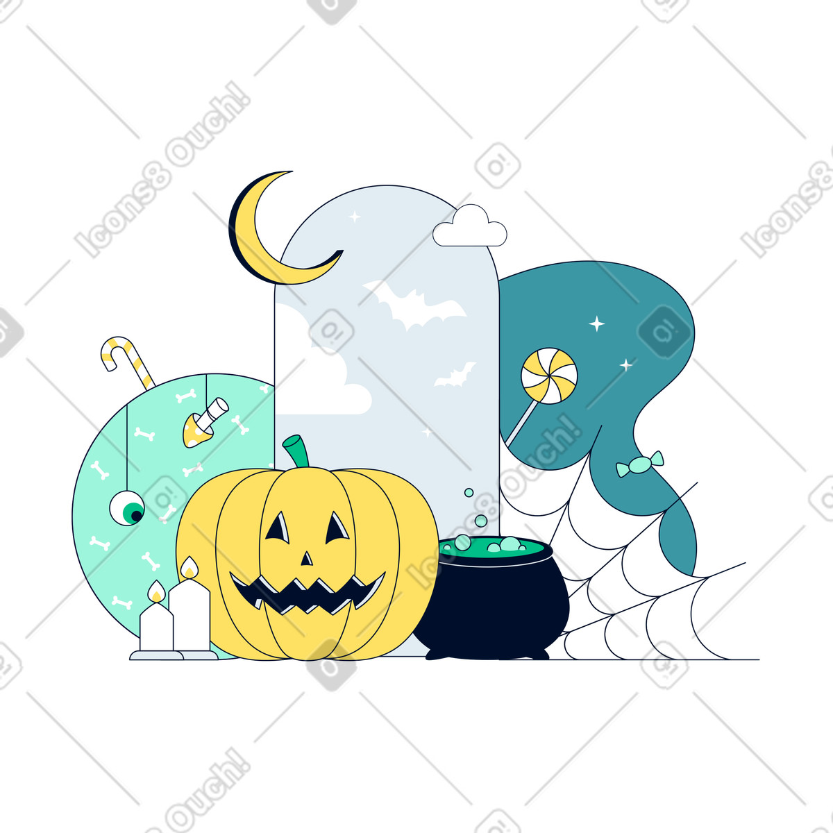 Seasonal halloween celebration with pumpkin and festive props illustration in Teal style download in PNG, SVG
