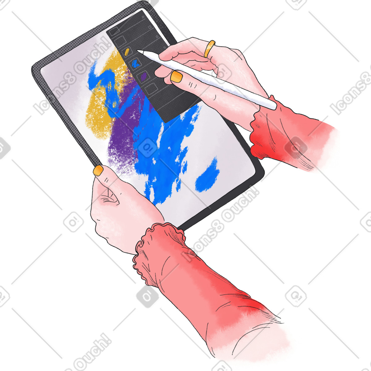 Ilustración Dos manos dibujando en un ipad estilo Moments a descargar PNG y SVG