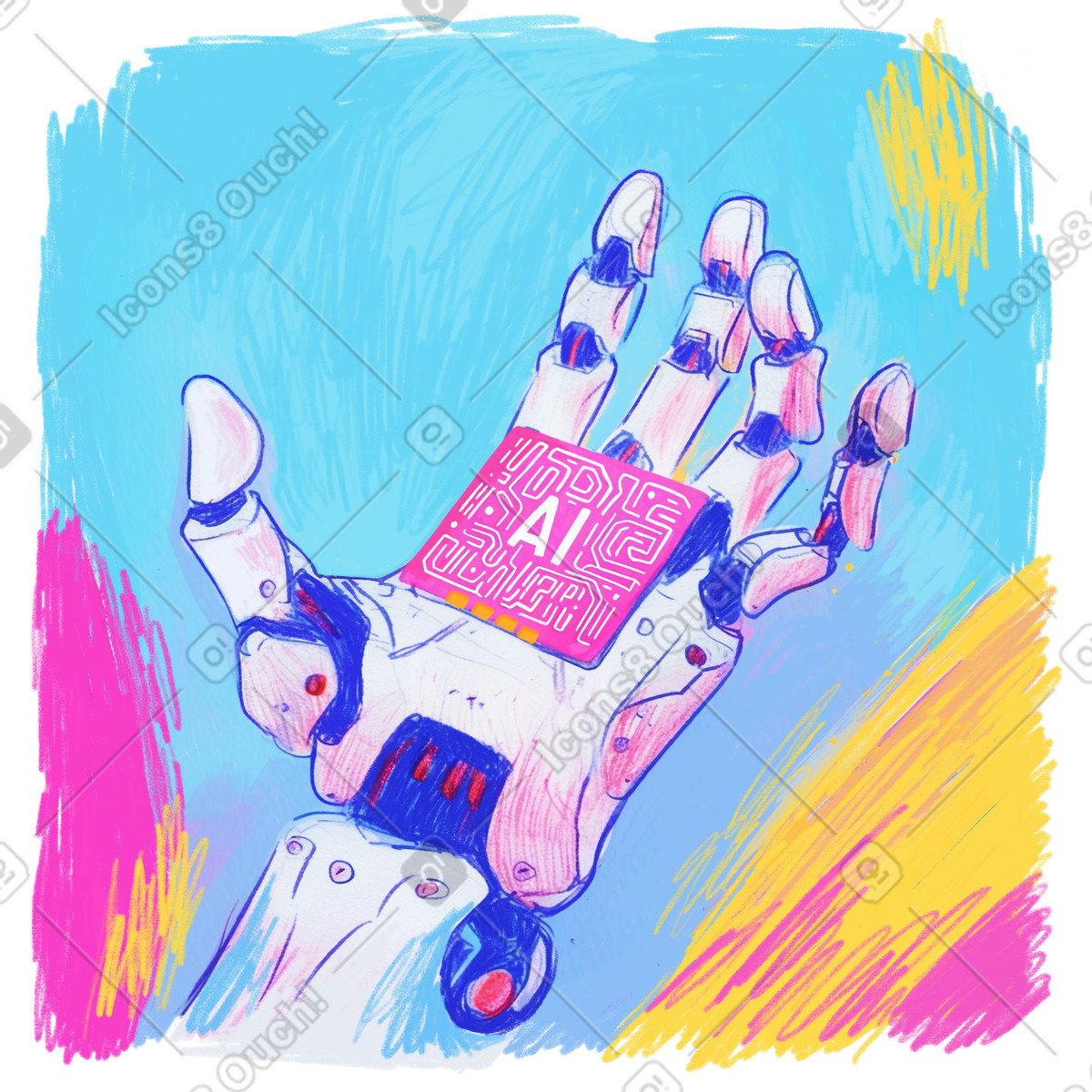 Illustration Main robotique avec puce ia, de technologie futuriste, art conceptuel d'intelligence artificielle dans le style Fuchsia à télécharger aux formats PNG, SVG