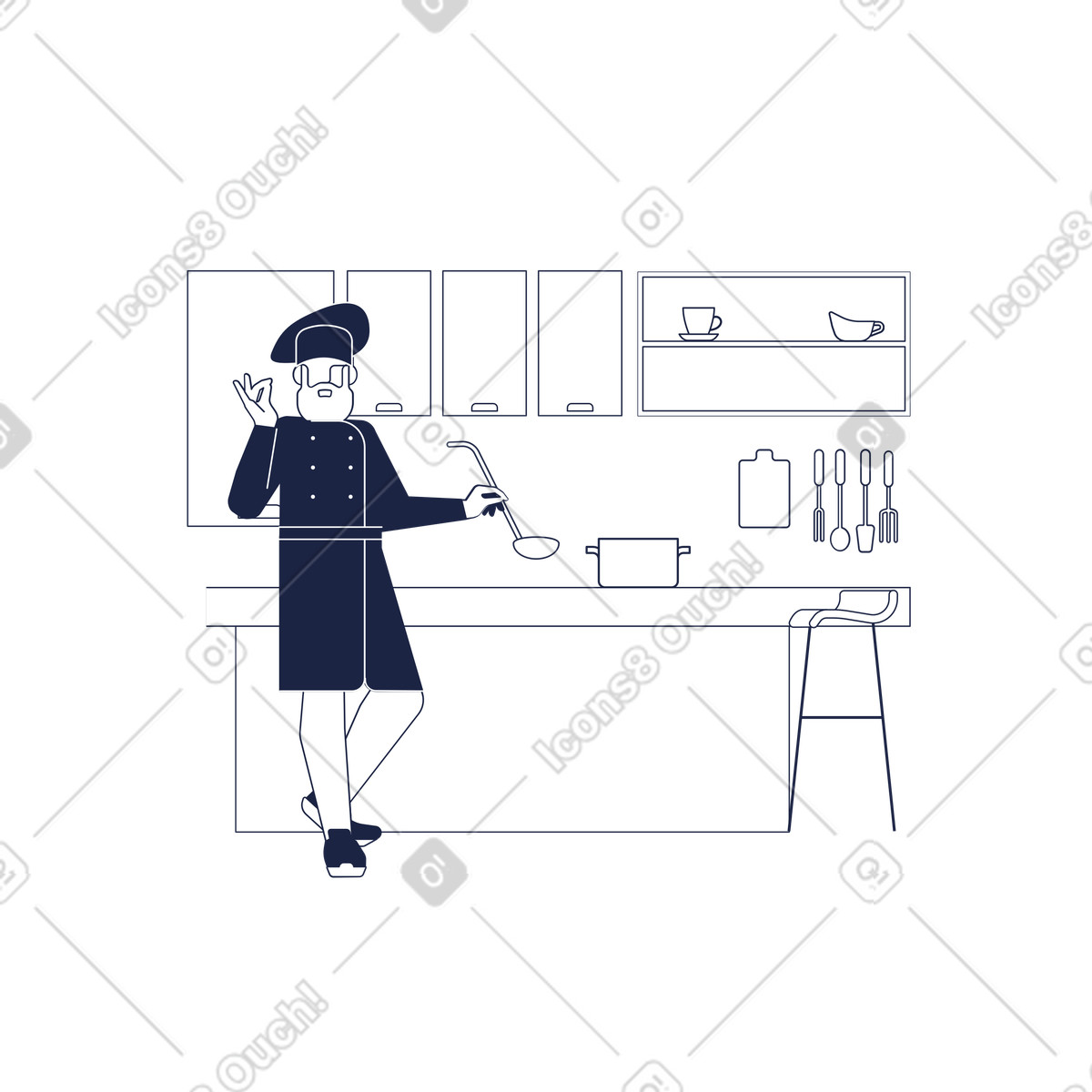 Illustration Chef in uniform kitchen setting, Food preparation concept dans le style Urban Line à télécharger aux formats PNG, SVG