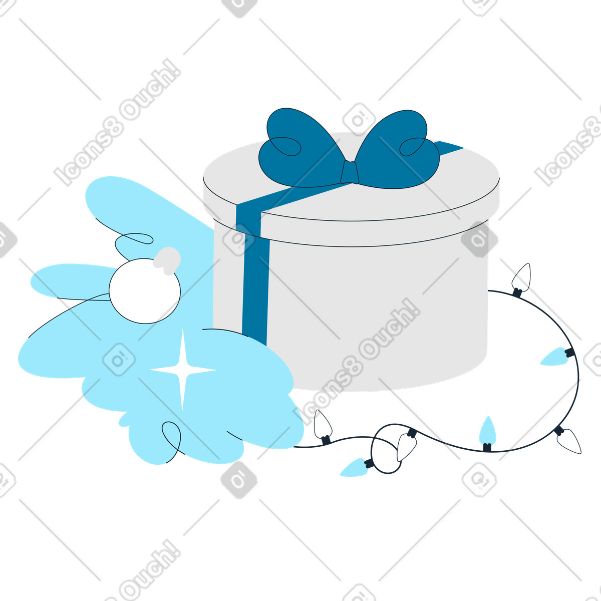 Round gift box with ribbon and holiday lights, Christmas present or festive decoration illustration in Indigo style download in PNG, SVG