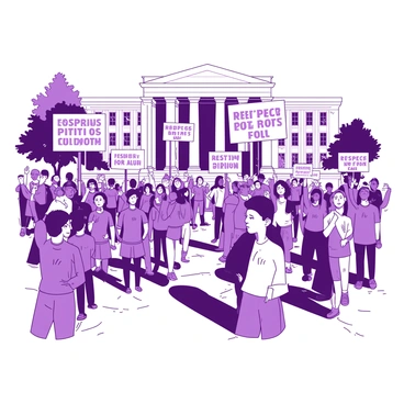 A crowd of diverse individuals is gathered outside a large government building, holding up various signs that read "Respect Our Rights" and "Justice for All." The people display a mix of emotions, from determination to hope, as they stand united. Some protesters are wearing matching t-shirts in solidarity, while others hold pamphlets and flyers. The government building is grand, adorned with columns and large windows, reflecting the seriousness of the occasion. A few trees line the pathway, their leaves rustling gently in the breeze, adding a sense of movement to the scene.