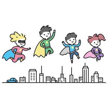 A group of four young superheroes flies above a bustling city skyline. Each superhero is wearing a brightly colored costume, complete with a flowing cape and a mask. The first superhero, with short blonde hair, has a red costume and a blue cape. The second, with long brown hair, is dressed in green and yellow. The third, a boy with tousled black hair, wears a blue outfit and a silver cape. The fourth, a girl with curly red hair, sports a purple costume and a pink cape. Below them, tall skyscrapers and rooftops can be seen, along with small cars moving on the streets.