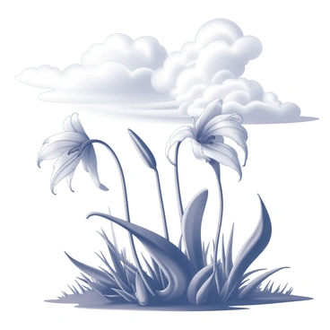 A vast landscape features oversized spider lilies towering above the ground. The flowers have long, slender petals that curl elegantly and are surrounded by lush, textured green foliage. The sky above is filled with swirling cloud formations, displaying a gradient of colors that blend together in a striking manner. The scene is tranquil, with a gentle breeze causing the flowers to sway slightly, creating a sense of movement in the still environment.
