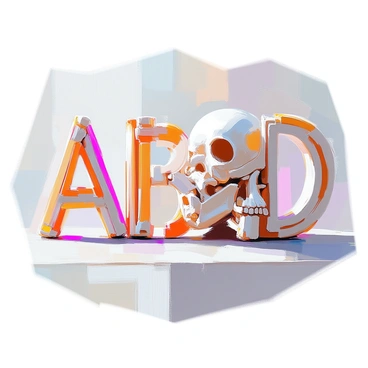 A creative composition featuring letters constructed from various parts of human anatomy. The letter "A" is formed from a ribcage with a delicate arrangement of tendons and muscles. The letter "B" is designed using two vertebrae stacked together, connected by sinews. The letter "C" is shaped from a curved femur, with ligaments elegantly draping around it. The letter "D" consists of a sculptural representation of a skull, with the jawbone serving as the curve. Each letter showcases intricate details of the anatomy, with textures that highlight the unique characteristics of bones and muscles. The letters are arranged closely, creating a visually compelling display of anatomical artistry.