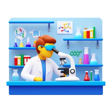 A scientist in a lab coat examining peptide structures under a microscope. The scientist has short brown hair and is wearing safety goggles. The lab is filled with various beakers and scientific equipment. The microscope is placed on a laboratory bench, and the scientist is focused on the lens, with colorful peptide models displayed nearby. The background shows shelves with reference books and molecular diagrams.