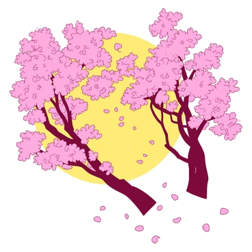 A duotone illustration featuring cherry blossom trees with vibrant pink flowers in full bloom. The branches are heavy with blossoms, creating a stunning display. Petals are gently falling from the trees, drifting through the air like soft pink confetti. The background is filled with a bright yellow sky, enhancing the vividness of the scene. A gentle breeze creates a dynamic atmosphere, as a few petals swirl around playfully among the blossoms.