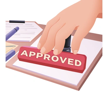 A close-up view of a hand applying pressure on a large red rubber stamp that reads "Approved." The stamp is positioned directly above a white document on a wooden desk. The hand is of medium skin tone with neatly trimmed nails and is pushing down firmly on the stamp, causing a slight indentation on the paper. In the background, there are blurred elements of office supplies, including a pen and a notepad, adding a professional ambiance to the scene. The vivid red of the stamp contrasts sharply against the white of the document, highlighting the word "Approved."