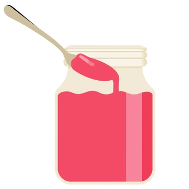 A shiny silver spoon scooping out a thick, consistent fruit jam from a glass jar. The jar is filled with a rich red jam, glistening with a glossy sheen. The spoon is partially submerged in the jam, with a small mound of jam resting on the spoon's bowl. The background features a blurred kitchen countertop, emphasizing the spoon and jar as the main focus of the image.