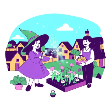A small witch with a green hat and a purple dress is using her magic to assist villagers. She stands in the center of a quaint village, surrounded by small, colorful cottages. In her hands, she holds a glowing wand, and sparkles of teal magic emanate from it, surrounding a pair of villagers who are smiling gratefully. One villager is holding a basket of fresh produce, while the other is pointing at a garden that the witch has magically helped grow. Lush plants and blooming flowers are visible around them, showcasing the impact of her kind actions. The sky above is a bright blue, adding to the vibrant atmosphere of the scene.