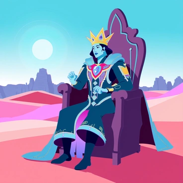 A king card featuring a monarch with an intricately designed golden crown adorned with jewels. The king is wearing elaborate, flowing robes with intricate patterns and rich colors, shimmering in the sunlight. His regal attire includes a long cape that drapes elegantly to the ground. He is seated on a lavish throne, carved from dark wood, set against a vast desert landscape. The backdrop showcases rolling sand dunes under a clear blue sky, with the sun casting sharp shadows. There are distant rocky formations visible on the horizon, adding depth to the scene.