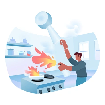 A smoke detector is mounted on the ceiling, emitting a loud alarm sound. Below, a person is actively extinguishing a small fire on the stove with a fire extinguisher. The flames are showing bright orange and red colors against the metallic surfaces of the kitchen, which is filled with various kitchen utensils. The walls are painted in soft pastel colors, and a window is letting in a gentle light. Smoke is rising towards the smoke detector, creating a dynamic scene of urgency.