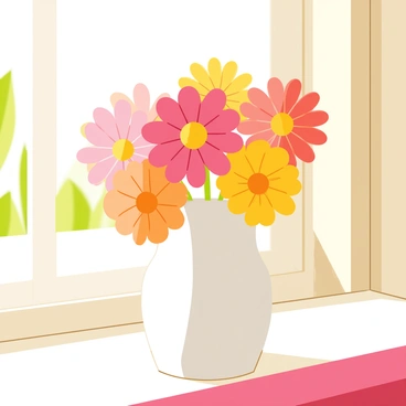 A simple ceramic vase with a smooth white surface sits on a windowsill. The vase is filled with brightly colored gerbera daisies in shades of pink, orange, and yellow. The flowers have large, vibrant petals that stand out against the white vase. Sunlight streams in through the window, casting gentle shadows on the sill and illuminating the flowers. The window has a wooden frame, and outside, green foliage can be seen blurred in the background.