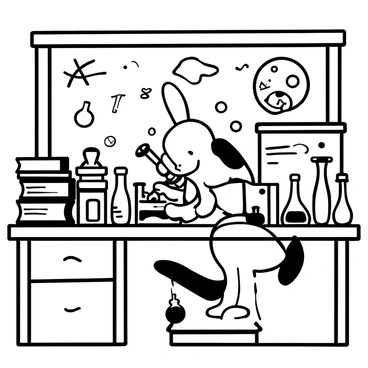 A character resembling "Miffy" is positioned at a laboratory bench, intently looking through a microscope. The microscope is detailed, with knobs and lenses clearly depicted. Surrounding Miffy are various science laboratory tools such as test tubes, flasks, and a petri dish, all arranged neatly on the bench. There are stacks of books on one side, and a chalkboard in the background filled with scientific diagrams and notes. The setting is filled with an organized yet busy atmosphere typical of a science lab.