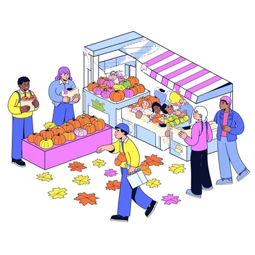 A bustling market scene filled with various stalls selling seasonal produce. Each stall displays vibrant fruits and vegetables, including pumpkins, apples, and squash. The ground is covered with colorful fallen leaves in shades of orange, yellow, and brown. Shoppers are seen browsing and exchanging goods, with some carrying bags filled with fresh produce. The atmosphere is lively with people interacting and enjoying the autumn harvest.