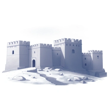 An imposing view of Zorawar Fort with its thick stone walls. The fort stands tall and robust, showcasing its ancient architecture with a series of battlements lining the top. The walls are textured and weathered, reflecting the passage of time. Surrounding the fort, the landscape is arid with sparse vegetation. In the background, a clear sky stretches above, providing a stark contrast to the rugged fortress. The ground is uneven, with scattered stones and patches of dry earth leading up to the fort's entrance.