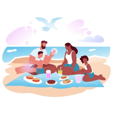 A family is sitting on a colorful picnic blanket spread out on the sandy beach. There are a variety of picnic foods displayed on the blanket, including sandwiches, fruit, and drinks in colorful containers. The family consists of two adults and two children, all engaged in cheerful activities, like playing with a beach ball and sharing food. In the background, the ocean is visible with gentle waves lapping at the shore, and the sky is filled with gradient pastel colors, transitioning from soft pink to light blue. A few seagulls can be seen soaring above the water.