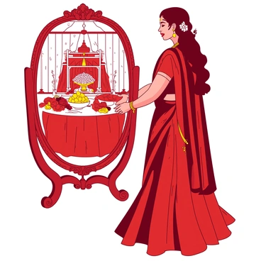 A red Bengali bride is standing in front of a large ornate mirror, adjusting the pleats of her traditional saree. The saree features intricate gold embroidery and a rich texture. She is adorned with elaborate gold jewelry that includes a necklace, earrings, and a maang tikka placed on her forehead. Her long hair is styled and adorned with fragrant jasmine flowers. In the background, a beautifully decorated wedding altar can be seen, filled with flowers and traditional elements. The bride's expression reflects excitement and anticipation as she prepares for her wedding ceremony.