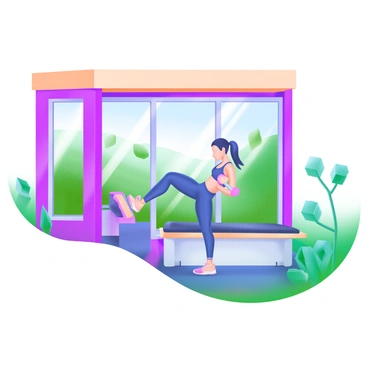 An eco-friendly gym constructed from natural materials, featuring large windows that display a lush green landscape outside. Inside, a person is performing a dumbbell pullover on a workout bench. The individual is wearing comfortable athletic clothing and has a focused expression. Various plants are placed around the gym, adding to the natural ambiance. Sunlight filters through the windows, highlighting the blend of fitness and nature in the environment.