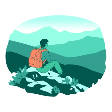 A teal hiker wearing a bright orange backpack is sitting on a rocky mountaintop. The hiker's legs are crossed, and they are looking out towards a vast, misty landscape filled with rolling hills and distant mountains shrouded in fog. The sky above is a soft gradient, transitioning from deep teal to lighter shades, reflecting the early morning light. Sparse patches of greenery cling to the rocky terrain around the hiker, adding depth to the scene.