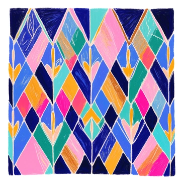 An art deco pattern with geometric diamond shapes in a luxurious color palette