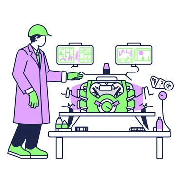An engineer overseeing a car engine running on a test bench with monitoring equipment