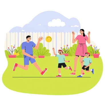 A family of four playing kickball in a green backyard filled with lush grass. The father, wearing a blue t-shirt and shorts, is about to kick a bright yellow ball. The mother, dressed in a pink sundress, is cheering from the sidelines with her hands raised in excitement. Two children, a boy in a red cap and a girl in a turquoise shirt, are running towards the ball with smiles on their faces. There are colorful flowers planted along the fence, and a blue sky with fluffy white clouds overhead.