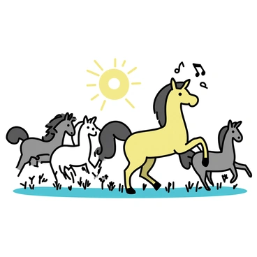 A centaur with a joyful expression, featuring the upper body of a human with long, flowing hair and the lower body of a horse, is dancing in a sunlit meadow. Surrounding the centaur is a group of horses, some trotting in rhythm and others playfully rearing up. The meadow is filled with vibrant green grass and scattered wildflowers. The sun casts soft rays, illuminating the scene and highlighting the movement of the dancing figures. A few musical notes can be seen in the air, suggesting a lively celebration.