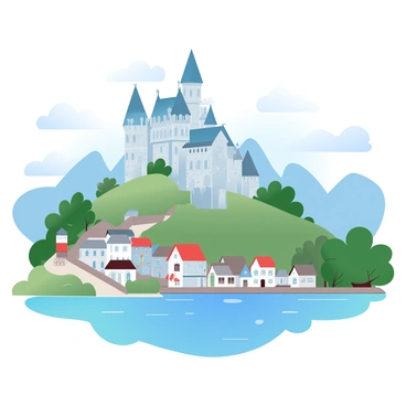 A large stone castle with tall towers and battlements is perched on a hill, overlooking a picturesque town and a shimmering lake. The castle features intricate architectural details, including arched windows and decorative stonework. Below, the town is filled with colorful buildings, narrow streets, and quaint shops. The lake reflects the blue sky and surrounding mountains, adding to the scenic view. Lush greenery surrounds the area, enhancing the natural beauty of the landscape.