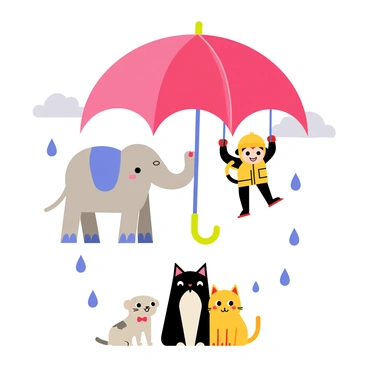 A colorful scene featuring various animals sharing a large, bright red umbrella. A cheerful elephant stands on one side, gently holding the umbrella's handle with its trunk. On the other side, a playful monkey is swinging from the umbrella’s edge, wearing a tiny yellow raincoat. Below, a small, fluffy dog and a curious cat sit closely together, looking up at the sky. The background is filled with gray clouds and falling blue raindrops, creating a delightful, whimsical atmosphere. Each animal has a unique expression, showcasing their personalities while enjoying the shared shelter.