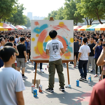 A street artist creating live illustrations during a public event in Malaysia.