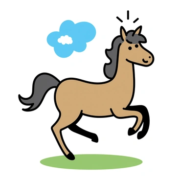 A small horse with a shiny chestnut coat is prancing on a green meadow. Its mane is flowing in the gentle breeze, and it has a joyful expression. The sky above is bright blue, dotted with a few fluffy white clouds. The sunlight casts soft shadows on the ground as the horse lifts its front legs in a playful manner.