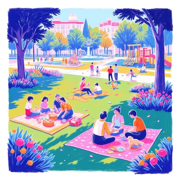 A lively city park scene illustrated in Ibis Paint, featuring people enjoying picnics and playing games.