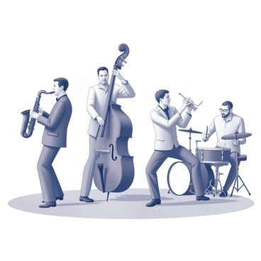 A jazz band performing on stage. The band consists of a saxophonist, a trumpeter, a double bassist, and a drummer. The saxophonist is playing energetically, with the instrument held close to their mouth. The trumpeter stands beside him, with one hand on the trumpet and the other raised as they passionately play. The double bassist is leaning into the instrument, plucking the strings, while the drummer is positioned at the back, fully engaged with the drumsticks in motion. The musicians are surrounded by an ambiance of music, indicated by dynamic lines that suggest movement and energy.