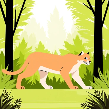 A cougar with a sleek, tawny coat is walking gracefully through a dense forest. The forest is filled with tall, green trees and thick underbrush. Sunlight filters through the leaves, casting dappled shadows on the ground. The cougar's tail is held high, showcasing its agility, while its paws are softly placed on the forest floor. Ferns and small bushes surround the cougar, adding to the lushness of the scene. The atmosphere is calm, with hints of movement from distant birds perched in the trees.